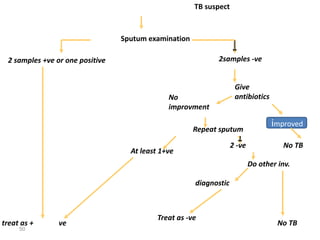 50
TB suspect
Sputum examination
2 samples +ve or one positive
treat as + ve
2samples -ve
Give
antibiotics
No
improvment
Repeat sputum
At least 1+ve
2 -ve
Do other inv.
diagnostic
Treat as -ve
No TB
No TB
improved
 