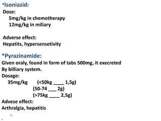 59
*Isoniazid:
Dose:
5mg/kg in chemotherapy
12mg/kg in miliary
Adverse effect:
Hepatits, hypersensetivity
*Pyrazinamide:
Given oraly, found in form of tabs 500mg, it execreted
By billiary system.
Dosage:
35mg/kg (<50kg ____ 1,5g)
(50-74 ___ 2g)
(>75kg ____ 2,5g)
Advese effect:
Arthralgia, hepatitis
.
 