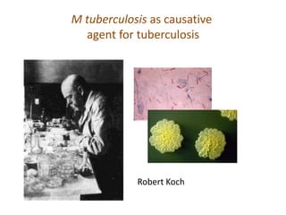 M tuberculosis as causative
agent for tuberculosis
1886
Robert Koch
 