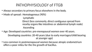 PATHOPHYSIOLOGY of FTGB
• Always secondary to primary focus elsewhere in the body.
• Mode of spread : Hematogenous (90%)
Lymphatic
Direct (less commonly, direct contiguous spread from
nearby organs like intestines or abdominal lymph node)
Ascending
• Age: Developed countries: pre-menopausal women over 40 years.
Developing countries: 20-40 years (due to early marriages/child bearing
at younger age)
• Less common in postmenopausal women because atropic endometrium
offers a poor mileu for the the growth of bacillus.
 