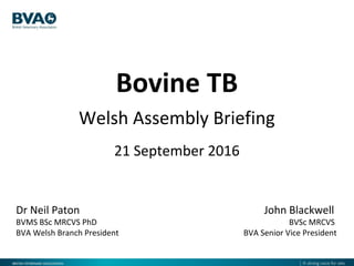 Bovine TB
Welsh Assembly Briefing
21 September 2016
Dr Neil Paton
BVMS BSc MRCVS PhD
BVA Welsh Branch President
John Blackwell
BVSc MRCVS
BVA Senior Vice President
 