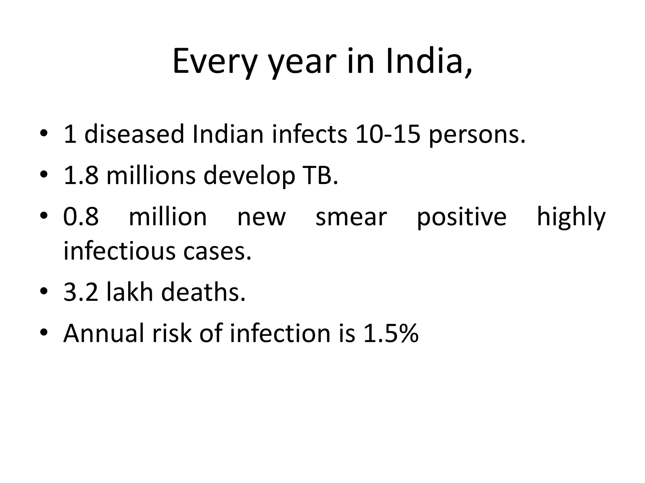 Every year in India,
• 1 diseased Indian infects 10-15 persons.
• 1.8 millions develop TB.
• 0.8 million new smear positive highly
  infectious cases.
• 3.2 lakh deaths.
• Annual risk of infection is 1.5%
 