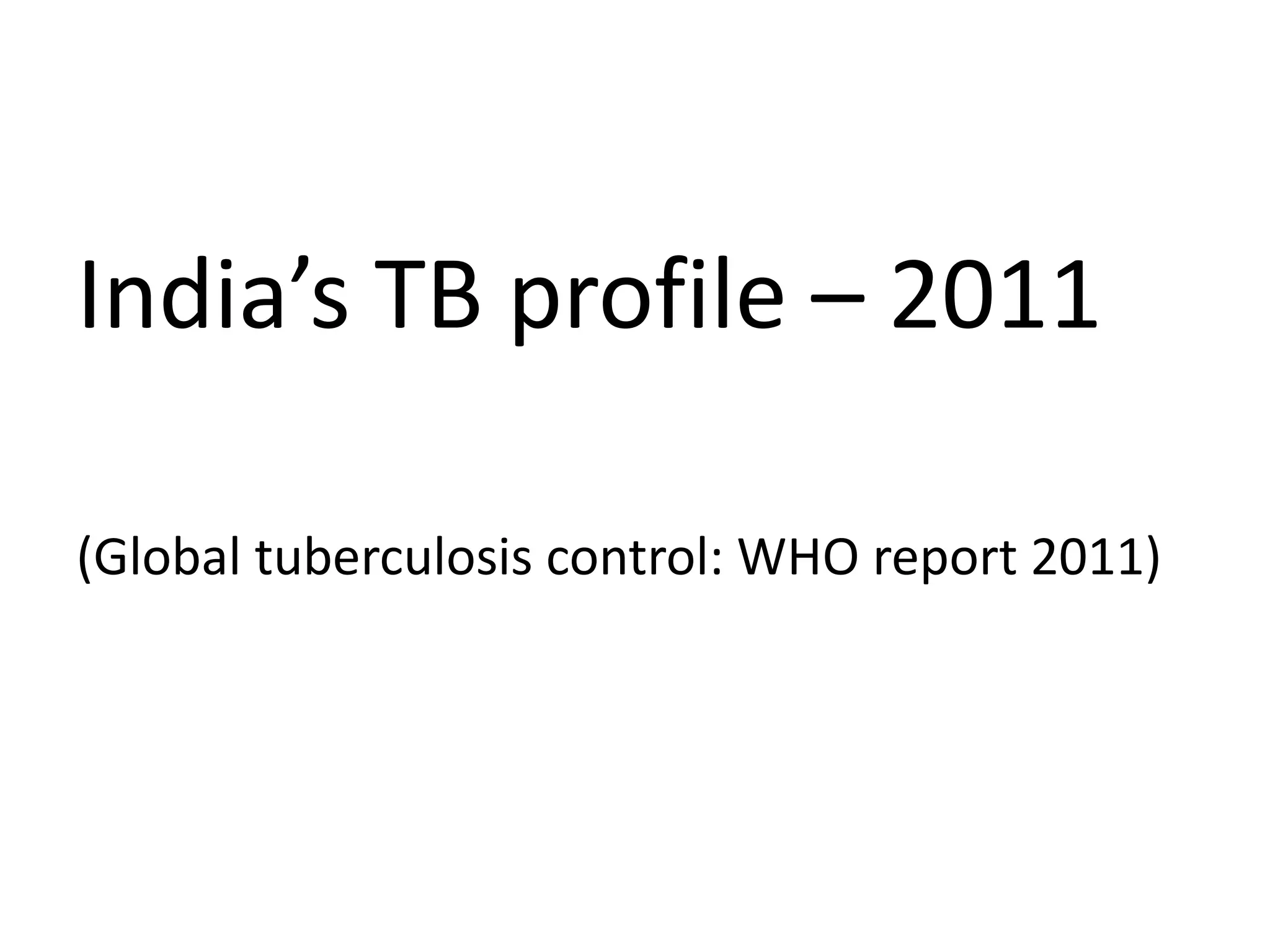 India’s TB profile – 2011

(Global tuberculosis control: WHO report 2011)
 