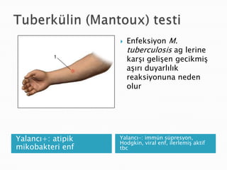    Enfeksiyon M.
                       tuberculosis ag lerine
                       karĢı geliĢen gecikmiĢ
                       aĢırı duyarlılık
                       reaksiyonuna neden
                       olur




Yalancı+: atipik   Yalancı-: immün süpresyon,
                   Hodgkin, viral enf, ilerlemiĢ aktif
mikobakteri enf    tbc
 