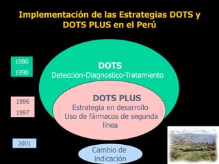 Implementación de las Estrategias DOTS y
         DOTS PLUS en el Perú



1980
                     DOTS
1990    Detección-Diagnostico-Tratamiento


1996                DOTS PLUS
             Estrategia en desarrollo
1997
           Uso de fármacos de segunda
                       línea

2001
                   Cambio de
                    indicación
 