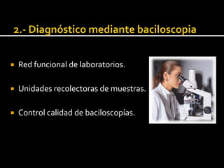    Red funcional de laboratorios.

   Unidades recolectoras de muestras.

   Control calidad de baciloscopías.
 