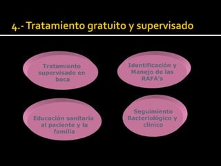 Tratamiento         Identificación y
 supervisado en        Manejo de las
      boca                RAFA’s




                        Seguimiento
Educación sanitaria   Bacteriológico y
  al paciente y la         clínico
      familia
 