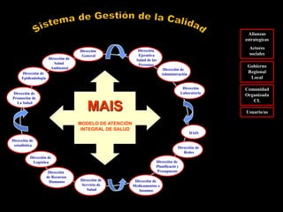 Alianzas
                                                                                                      estrategicas

                                                             Dirección
                                                                                                        Actores
                                     Dirección
                                      General                Ejecutiva                                  sociales
                      Dirección de                          Salud de las
                         Salud                               Personas
                       Ambiental                                                                       Gobierno
                                                                            Dirección de
     Dirección de                                                          Administración
                                                                                                       Regional
     Epidemiologia                                                                                      Local

                                                                                         Dirección    Comunidad
Dirección de                                                                            Laboratorio
                                                                                                      Organizada
Promoción de
                                                                                                         CL
  La Salud
                                         MAIS                                                         Usuario/as

                                     MODELO DE ATENCIÓN
                                      INTEGRAL DE SALUD
                                                                                            DAIS
Dirección de
 estadistica
                                                                                    Dirección de
                                                                                       Redes
          Dirección de
            Logística                                                  Dirección de
                                                                       Planificació y
                      Dirección                                        Presupuesto
                     de Recursos
                      Humanos        Dirección de          Dirección de
                                     Servicio de          Medicamentos e
                                        Salud                Insumos
 