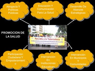 Abogacía Y        Educación Y      Desarrollo De
   Políticas       Comunicación        Alianzas
   Públicas        Para La Salud     Estratégicas




PROMOCION DE
                   PROMOCIÓN
  LA SALUD
                     DE LA
                     SALUD


   Participación                      Intervención
   Ciudadana Y       Intervención    En Municipios
  Empoderamient            En               Y
         o           Instituciones   Comunidades
                      Educativas
 