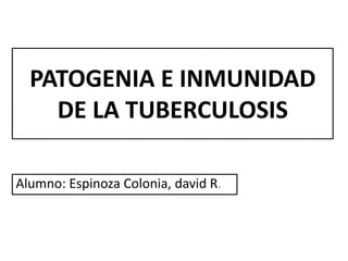 PATOGENIA E INMUNIDAD
    DE LA TUBERCULOSIS

Alumno: Espinoza Colonia, david R.
 