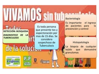 DETECCIÓN: BÚSQUEDA 
DIAGNOSTICO DE LA 
TUBERCULOSIS 
Es toda persona 
que presente tos y 
expectoración por 
mas de 15 días. Se 
considera 
sospechoso de 
Tuberculosis 
Bacteriología 
Es importante el ingreso 
de pacientes para la 
prevención y control 
Histopatología 
La biopsia de cualquier 
tejido que demuestre 
granulomas 
 