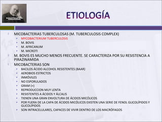  MICOBACTERIAS TUBERCULOSAS (M. TUBERCULOSIS COMPLEX)
 MYCOBACTERIUM TUBERCULOSIS
 M. BOVIS
 M. AFRICANUM
 M. MICROTI
 M. BOVIS ES MUCHO MENOS FRECUENTE. SE CARACTERIZA POR SU RESISTENCIA A
PIRAZINAMIDA
 MICOBACTERIAS SON
 BACILOS ÁCIDO ALCOHOL RESISTENTES (BAAR)
 AEROBIOS ESTRICTOS
 INMÓVILES
 NO ESPORULADOS
 GRAM (+)
 REPRODUCCION MUY LENTA
 RESISTENTES A ÁCIDOS Y ÁLCALIS
 TIENEN UNA GRAN ENVOLTURA DE ÁCIDOS MICÓLICOS
 POR FUERA DE LA CAPA DE ÁCIDOS MICÓLICOS EXISTEN UNA SERIE DE FENOL GLICOLÍPIDOS Y
GLICOLÍPIDOS
 SON INTRACELULARES, CAPACES DE VIVIR DENTRO DE LOS MACRÓFAGOS
 