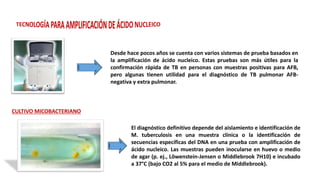 Desde hace pocos años se cuenta con varios sistemas de prueba basados en
la amplificación de ácido nucleico. Estas pruebas son más útiles para la
confirmación rápida de TB en personas con muestras positivas para AFB,
pero algunas tienen utilidad para el diagnóstico de TB pulmonar AFB-
negativa y extra pulmonar.
CULTIVO MICOBACTERIANO
El diagnóstico definitivo depende del aislamiento e identificación de
M. tuberculosis en una muestra clínica o la identificación de
secuencias específicas del DNA en una prueba con amplificación de
ácido nucleico. Las muestras pueden inocularse en huevo o medio
de agar (p. ej., Löwenstein-Jensen o Middlebrook 7H10) e incubado
a 37°C (bajo CO2 al 5% para el medio de Middlebrook).
 