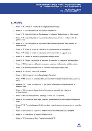 97
NORMA TÉCNICA DE SALUD PARA LA ATENCIÓN INTEGRAL
DE LAS PERSONAS AFECTADAS POR TUBERCULOSIS
RM No. 715-2013/MINSA
NTS No. 104-MINSA/DGSP-V.01
8. ANEXOS
• Anexo N° 1: Formato de Solicitud de Investigación Bacteriológica.
• Anexo N° 2: Libro de Registro de Sintomáticos Respiratorios.
• Anexo N° 3: Libro de Registro de Muestras para Investigación Bacteriológica en Tuberculosis.
• Anexo N° 4: Libro de Registro de Seguimiento de Pacientes que reciben medicamentos de
primera línea.
• Anexo N° 5: Libro de Registro de Seguimiento de Pacientes que reciben medicamentos de
segunda línea.
• Anexo N° 6: Tarjeta de control de tratamiento con medicamentos de primera línea.
• Anexo N° 7: Tarjeta de control de tratamiento con medicamentos de segunda línea.
• Anexo N° 8: Formato de derivación y transferencia de pacientes.
• Anexo N° 9: Formato Internacional de referencia de pacientes en tratamiento por tuberculosis.
• $QH[R1ƒ)RUPDWRGHQRWL¿FDFLyQGHUHDFFLyQDGYHUVDDPHGLFDPHQWRVDQWLWXEHUFXORVLV
• $QH[R1ƒ)RUPDWRGH1RWL¿FDFLyQGHSDFLHQWHVIDOOHFLGRVFRQWXEHUFXORVLV
• Anexo N° 12: Informe Operacional Trimestral.
• Anexo N° 13: Formato de Informe Bacteriológico Trimestral.
• Anexo N° 14: Cohorte de casos con TB que inician tratamiento con medicamentos de primera
línea.
• Anexo N° 15: Cohorte de casos con TB que inician tratamiento con medicamentos de
segunda línea.
• Anexo N° 16: Formato de Consentimiento Informado de aceptación del tratamiento
antituberculosis.
• Anexo N° 17: Resumen de historia clínica del paciente con TB resistente.
• $QH[R1ƒ)RUPDWRGH1RWL¿FDFLyQ,QPHGLDWDGHOWUDWDPLHQWRFRQPHGLFDPHQWRVGHVHJXQGD
línea.
• Anexo N° 19: Formato de evolución trimestral del tratamiento con medicamentos de segunda
línea.
• Anexo N° 20: Formato de Supervisión del Nivel Nacional a DISAs/DIRESAs/GERESAs.
• Anexo N° 21: Indicadores de evaluación de la ESN PCT.
• Anexo Nº 22: Posología de Dosis Fijas Combinadas (DFC).
 
