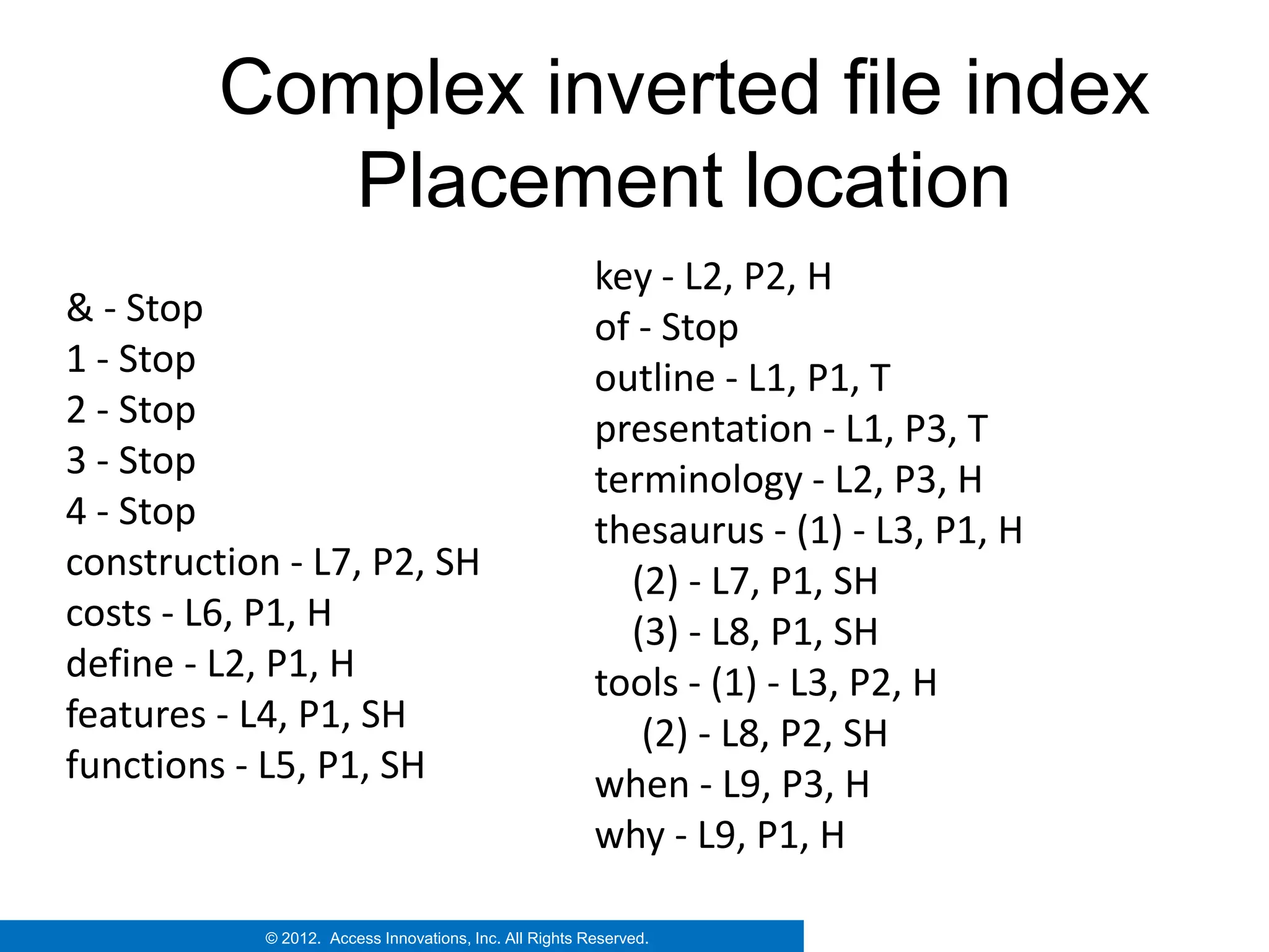 Complex inverted file index
            Placement location
                                                         key - L2, P2, H
& - Stop                                                 of - Stop
1 - Stop                                                 outline - L1, P1, T
2 - Stop                                                 presentation - L1, P3, T
3 - Stop                                                 terminology - L2, P3, H
4 - Stop                                                 thesaurus - (1) - L3, P1, H
construction - L7, P2, SH                                  (2) - L7, P1, SH
costs - L6, P1, H                                          (3) - L8, P1, SH
define - L2, P1, H                                       tools - (1) - L3, P2, H
features - L4, P1, SH                                       (2) - L8, P2, SH
functions - L5, P1, SH                                   when - L9, P3, H
                                                         why - L9, P1, H

            © 2012. Access Innovations, Inc. All Rights Reserved.
 