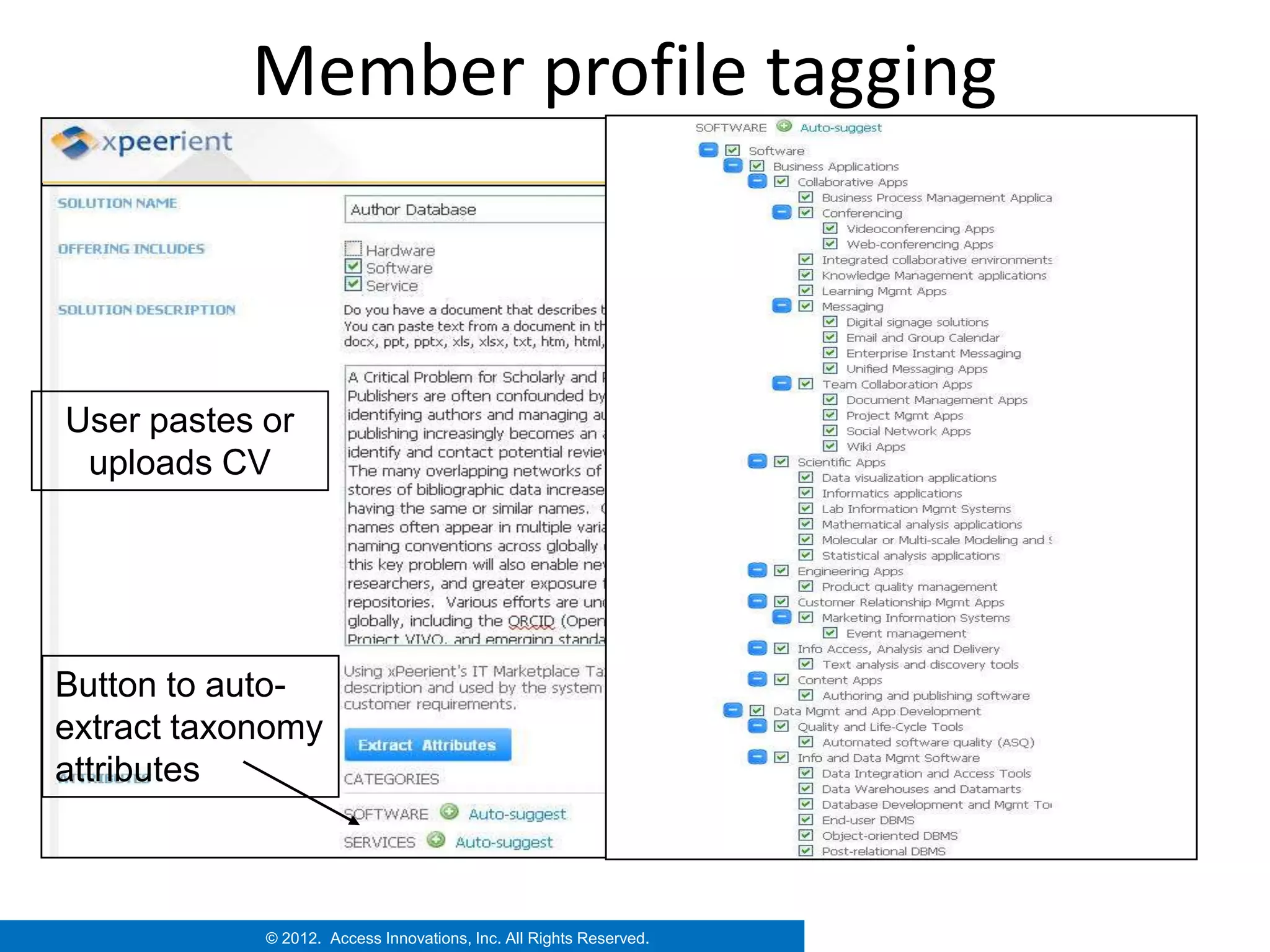 Member profile tagging



User pastes or
 uploads CV




Button to auto-
extract taxonomy
attributes



            © 2012. Access Innovations, Inc. All Rights Reserved.
              2011.
 