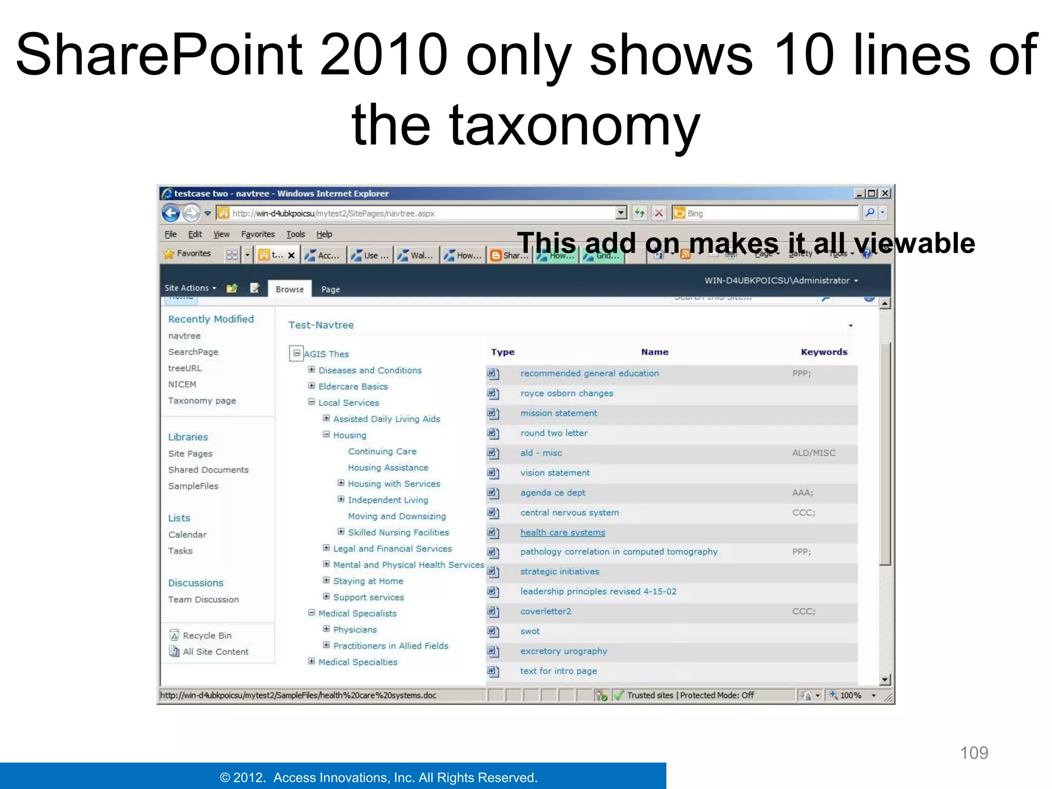 SharePoint 2010 only shows 10 lines of
            the taxonomy
                                                        This add on makes it all viewable




                                                                                       109
       © 2012. Access Innovations, Inc. All Rights Reserved.
 