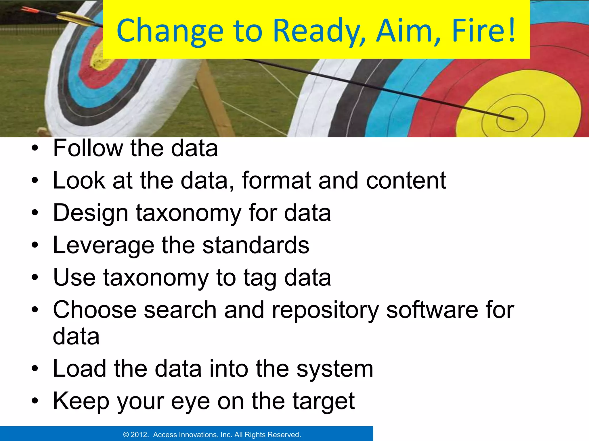 Change to Ready, Aim, Fire!


• Follow the data
• Look at the data, format and content
• Design taxonomy for data
• Leverage the standards
• Use taxonomy to tag data
• Choose search and repository software for
  data
• Load the data into the system
• Keep your eye on the target
        © 2012. Access Innovations, Inc. All Rights Reserved.
 