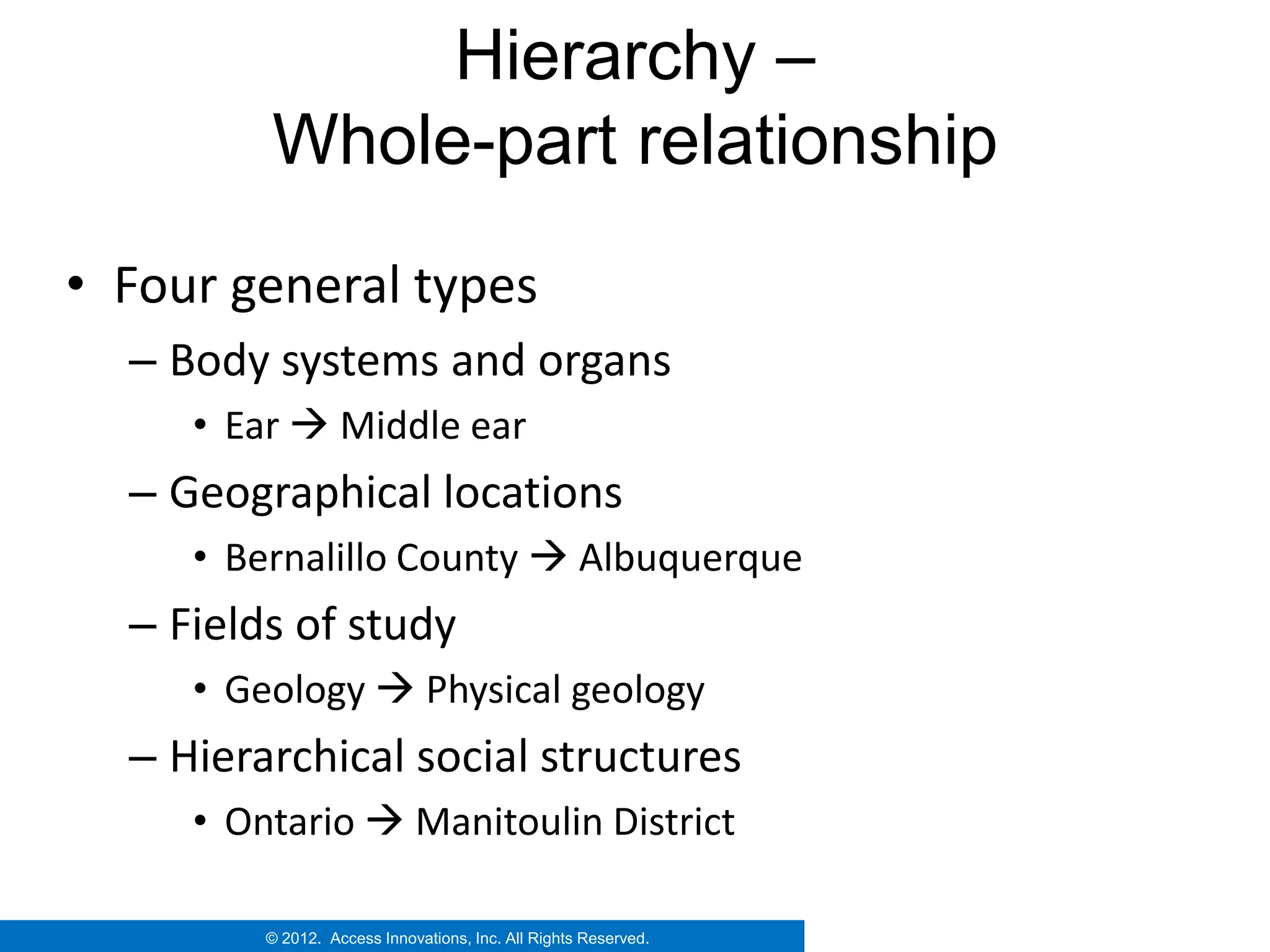 Hierarchy –
         Whole-part relationship
• Four general types
  – Body systems and organs
     • Ear  Middle ear
  – Geographical locations
     • Bernalillo County  Albuquerque
  – Fields of study
     • Geology  Physical geology
  – Hierarchical social structures
     • Ontario  Manitoulin District

         © 2012. Access Innovations, Inc. All Rights Reserved.
 