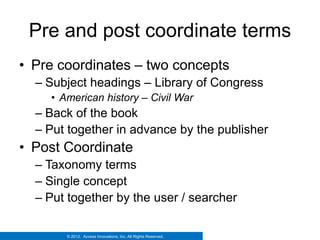 Pre and post coordinate terms
• Pre coordinates – two concepts
  – Subject headings – Library of Congress
    • American history – Civil War
  – Back of the book
  – Put together in advance by the publisher
• Post Coordinate
  – Taxonomy terms
  – Single concept
  – Put together by the user / searcher

       © 2012. Access Innovations, Inc. All Rights Reserved.
 
