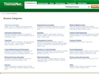 Taxonomy Structures: Hierarchies
One level per web page
Yahoo directory
   http://search.yahoo.com/dir

ThomasNet browse
   http://www.thomasnet.com/browse
 