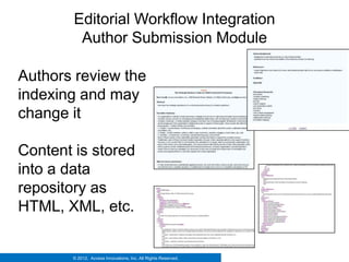 Editorial Workflow Integration
         Author Submission Module

Authors review the
indexing and may
change it

Content is stored
into a data
repository as
HTML, XML, etc.


       © 2012. Access Innovations, Inc. All Rights Reserved.
 