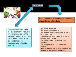 Fase latente
Esta fase es caracterizada
por la presencia de respuesta
inmune específica, control de
la concentración bacilar, pero
con la presencia de bacilos
latentes (en estado
estacionario) en el tejido
necrótico.
Las personas en la fase latente tienen las
siguientes características:
•No tienen síntomas.
•No se sienten enfermos.
•No pueden transmitir la tuberculosis a
otras personas.
•Si se realizan una prueba tuberculina
en piel, sale positiva.
•Su cultivo de esputo (saliva) sale
negativo.
•Su radiografía de tórax puede ser
normal.
•Pueden desarrollar la enfermedad si no
reciben un tratamiento oportuno.
 