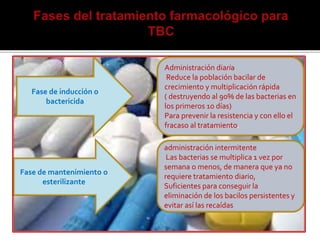 Fase de inducción o
bactericida
Fase de mantenimiento o
esterilizante
Administración diaria
Reduce la población bacilar de
crecimiento y multiplicación rápida
( destruyendo al 90% de las bacterias en
los primeros 10 días)
Para prevenir la resistencia y con ello el
fracaso al tratamiento.
administración intermitente
Las bacterias se multiplica 1 vez por
semana o menos, de manera que ya no
requiere tratamiento diario,
Suficientes para conseguir la
eliminación de los bacilos persistentes y
evitar así las recaídas
 