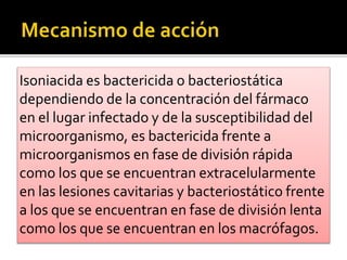 Isoniacida es bactericida o bacteriostática
dependiendo de la concentración del fármaco
en el lugar infectado y de la susceptibilidad del
microorganismo, es bactericida frente a
microorganismos en fase de división rápida
como los que se encuentran extracelularmente
en las lesiones cavitarias y bacteriostático frente
a los que se encuentran en fase de división lenta
como los que se encuentran en los macrófagos.
 