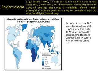 Epidemiología
Según refiere la OMS, los casos de TBC han ido disminuyendo hace
varios años, y entre 2010 y 2011 ha disminuido en una proporción del
2.2%; sin embargo desde 1990 la mortalidad referido a dicha
patología ha ido disminuyendo en un 41%, y se pretende alcanzar una
reducción del 50% hasta el 2015.
Del total de casos deTBC
ocurridos a nivel mundial,
el 59% son de Asia, 26%
de África y el 7.7% en la
Región de Mediterráneo
Oriental, 4.3% en Europa
y 3% en América Latina.
 
