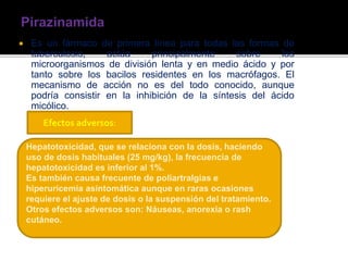  Es un fármaco de primera línea para todas las formas de
tuberculosis, actúa principalmente sobre los
microorganismos de división lenta y en medio ácido y por
tanto sobre los bacilos residentes en los macrófagos. El
mecanismo de acción no es del todo conocido, aunque
podría consistir en la inhibición de la síntesis del ácido
micólico.
Efectos adversos:
Hepatotoxicidad, que se relaciona con la dosis, haciendo
uso de dosis habituales (25 mg/kg), la frecuencia de
hepatotoxicidad es inferior al 1%.
Es también causa frecuente de poliartralgias e
hiperuricemia asintomática aunque en raras ocasiones
requiere el ajuste de dosis o la suspensión del tratamiento.
Otros efectos adversos son: Náuseas, anorexia o rash
cutáneo.
 