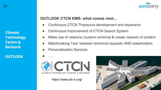 Climate
Technology
Centre &
Network
OUTLOOK
23
OUTLOOK CTCN KMS: what comes next...
● Continuous CTCN Thesaurus development and expansion
● Continuous Improvement of CTCN Search System
● Make use of relations (custom schema) & create network of content
● Matchmaking Tool: between technical requests AND stakeholders
● Personalisation Services
● ….
https://www.ctc-n.org/
 