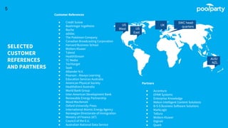 SELECTED
CUSTOMER
REFERENCES
AND PARTNERS
SWC head-
quarters
5
Customer References
● Credit Suisse
● Boehringer Ingelheim
● Roche
● adidas
● The Pokémon Company
● Canadian Broadcasting Corporation
● Harvard Business School
● Wolters Kluwer
● Talend
● HealthStream
● TC Media
● Techtarget
● Seek
● Alliander N.V.
● Pearson - Always Learning
● Education Services Australia
● American Physical Society
● Healthdirect Australia
● World Bank Group
● Inter-American Development Bank
● Renewable Energy Partnership
● Wood MacKenzie
● Oxford University Press
● International Atomic Energy Agency
● Norwegian Directorate of Immigration
● Ministry of Finance (AT)
● Council of the E.U.
● Australian National Data Service
Partners
● Accenture
● EPAM Systems
● Enterprise Knowledge
● Mekon Intelligent Content Solutions
● B-S-S Business Software Solutions
● MarkLogic
● Tellura
● Wolters Kluwer
● Digirati
● Quark
US
East
US
West
AUS/
NZL
UK
 