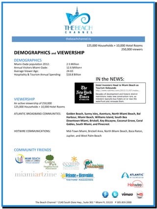thebeachchannel.tv	
  

                                                                                                           125,000	
  Households	
  +	
  10,000	
  Hotel	
  Rooms	
  
                                                                                                                                             250,000	
  viewers	
  	
  
DEMOGRAPHICS	
  and	
  VIEWERSHIP	
  
DEMOGRAPHICS	
  
Miami-­‐Dade	
  populaXon	
  2012:           	
                             	
  2.5	
  Million	
  
Annual	
  Visitors	
  Miami-­‐Dade:          	
                             	
  12.6	
  Million+	
  
Average	
  Viewer	
  Age:         	
         	
                             	
  24-­‐65	
  
Hospitality	
  &	
  Tourism	
  Annual	
  Spending:                          	
  $18.8	
  Billion	
  
	
  
	
  
                                                                                                                         IN	
  the	
  NEWS:	
  
	
  
	
  
	
  
VIEWERSHIP	
  
An	
  acXve	
  viewership	
  of	
  250,000	
  
125,000	
  Households	
  +	
  10,000	
  Hotel	
  Rooms	
  
	
  
ATLANTIC	
  BROADBAND	
  COMMUNITIES:                      	
  Golden	
  Beach,	
  Sunny	
  Isles,	
  Aventura,	
  North	
  Miami	
  Beach,	
  Bal	
  
          	
          	
             	
        	
          	
  Harbour,	
  Miami	
  Beach,	
  Williams	
  Island,	
  South	
  Bea	
  
          	
          	
             	
        	
          	
  Downtown	
  Miami,	
  Brickell,	
  Key	
  Biscayne,	
  Coconut	
  Grove,	
  Coral	
  	
  
          	
          	
             	
        	
          	
  Gables,	
  South	
  Miami,	
  and	
  Pinecrest.	
  
	
  
HOTWIRE	
  COMMUNICATIONS:                     	
          	
  Mid-­‐Town	
  Miami,	
  Brickell	
  Area,	
  North	
  Miami	
  Beach,	
  Boca	
  Raton,	
  
           	
           	
                   	
             	
              	
  Jupiter,	
  and	
  West	
  Palm	
  Beach	
  
	
  
	
  
COMMUNITY	
  FRIENDS	
  
	
  
	
  




                               The	
  Beach	
  Channel	
  ~	
  2140	
  South	
  Dixie	
  Hwy.,	
  Suite	
  301	
  ~	
  Miami	
  FL	
  33133	
  	
  	
  	
  P	
  305.859.2000	
  
 