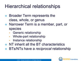 Hierarchical relationships
   Broader Term represents the
    class, whole, or genus
   Narrower Term is a member, part, or
    species
       Generic relationship
       Whole-part relationship
       Instance relationship
   NT inherit all the BT characteristics
   BTs/NTs have a reciprocal relationship

          © 2011. Access Innovations, Inc. All Rights Reserved.
 