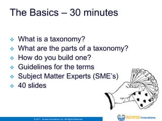 The Basics – 30 minutes

   What is a taxonomy?
   What are the parts of a taxonomy?
   How do you build one?
   Guidelines for the terms
   Subject Matter Experts (SME’s)
   40 slides



        © 2011. Access Innovations, Inc. All Rights Reserved.
 