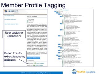 Member Profile Tagging



 User pastes or
  uploads CV




 Button to auto-
 extract taxonomy
 attributes



             © 2011. Access Innovations, Inc. All Rights Reserved.
 