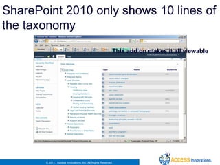 SharePoint 2010 only shows 10 lines of
the taxonomy
                                                           This add on makes it all viewable




                                                                             67
       © 2011. Access Innovations, Inc. All Rights Reserved.
 