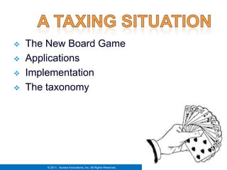    The New Board Game
   Applications
   Implementation
   The taxonomy




       © 2011. Access Innovations, Inc. All Rights Reserved.
 
