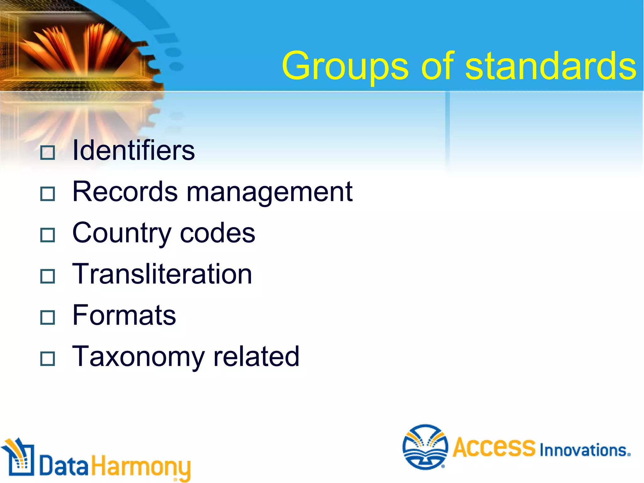 Groups of standards







Identifiers
Records management
Country codes
Transliteration
Formats
Taxonomy related

 
