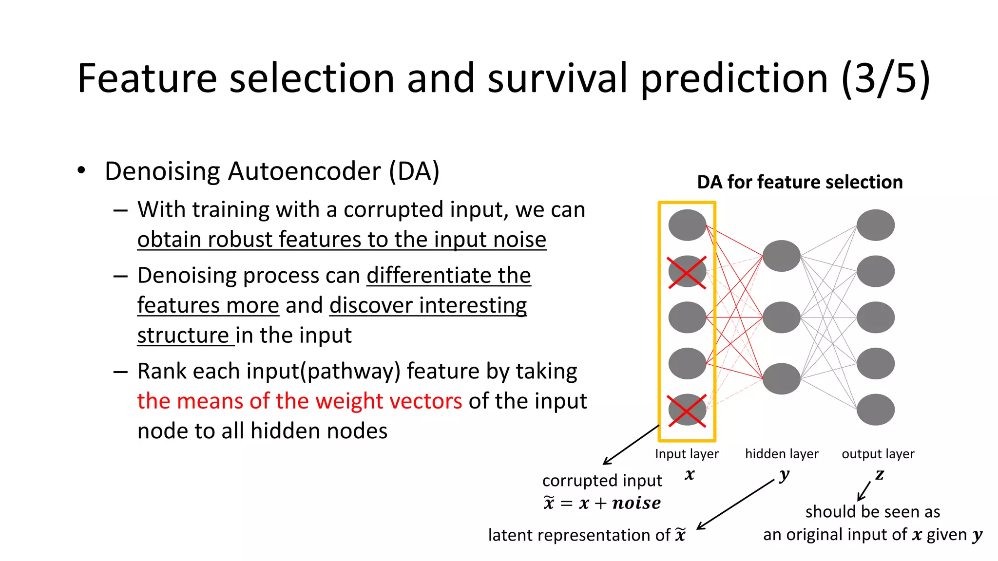 • Denoising Autoencoder (DA)
– With training with a corrupted input, we can
obtain robust features to the input noise
– Denoising process can differentiate the
features more and discover interesting
structure in the input
– Rank each input(pathway) feature by taking
the means of the weight vectors of the input
node to all hidden nodes
DA for feature selection
corrupted input
𝒙 = 𝒙 + 𝒏𝒐𝒊𝒔𝒆
Input layer
𝒙
hidden layer
𝒚
output layer
𝒛
DA for feature selection
should be seen as
an original input of 𝒙 given 𝒚latent representation of 𝒙
Feature selection and survival prediction (3/5)
 