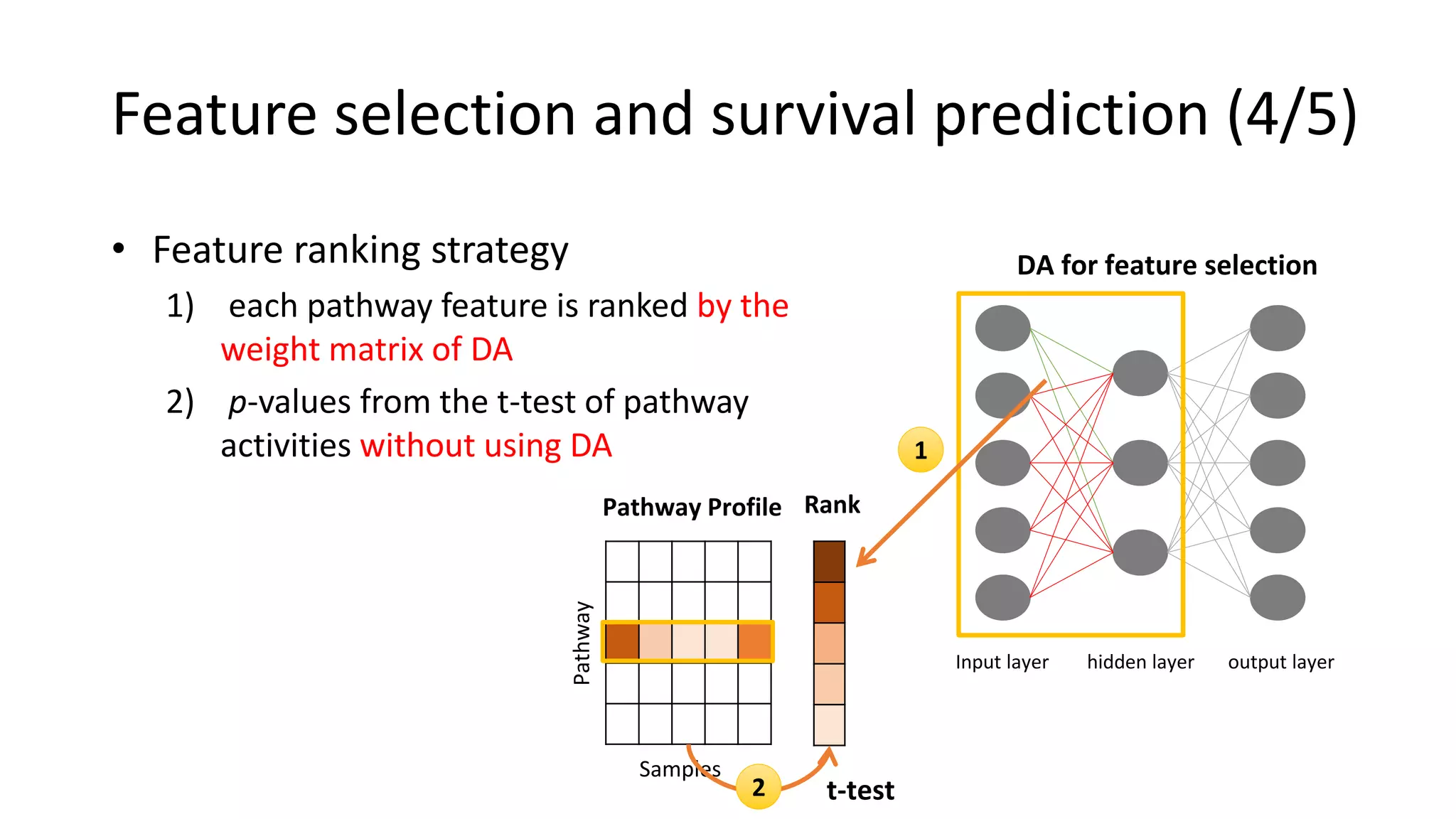 • Feature ranking strategy
1) each pathway feature is ranked by the
weight matrix of DA
2) p-values from the t-test of pathway
activities without using DA
Input layer hidden layer output layer
DA for feature selection
Pathway
Samples
Pathway Profile Rank
t-test
1
2
Feature selection and survival prediction (4/5)
 