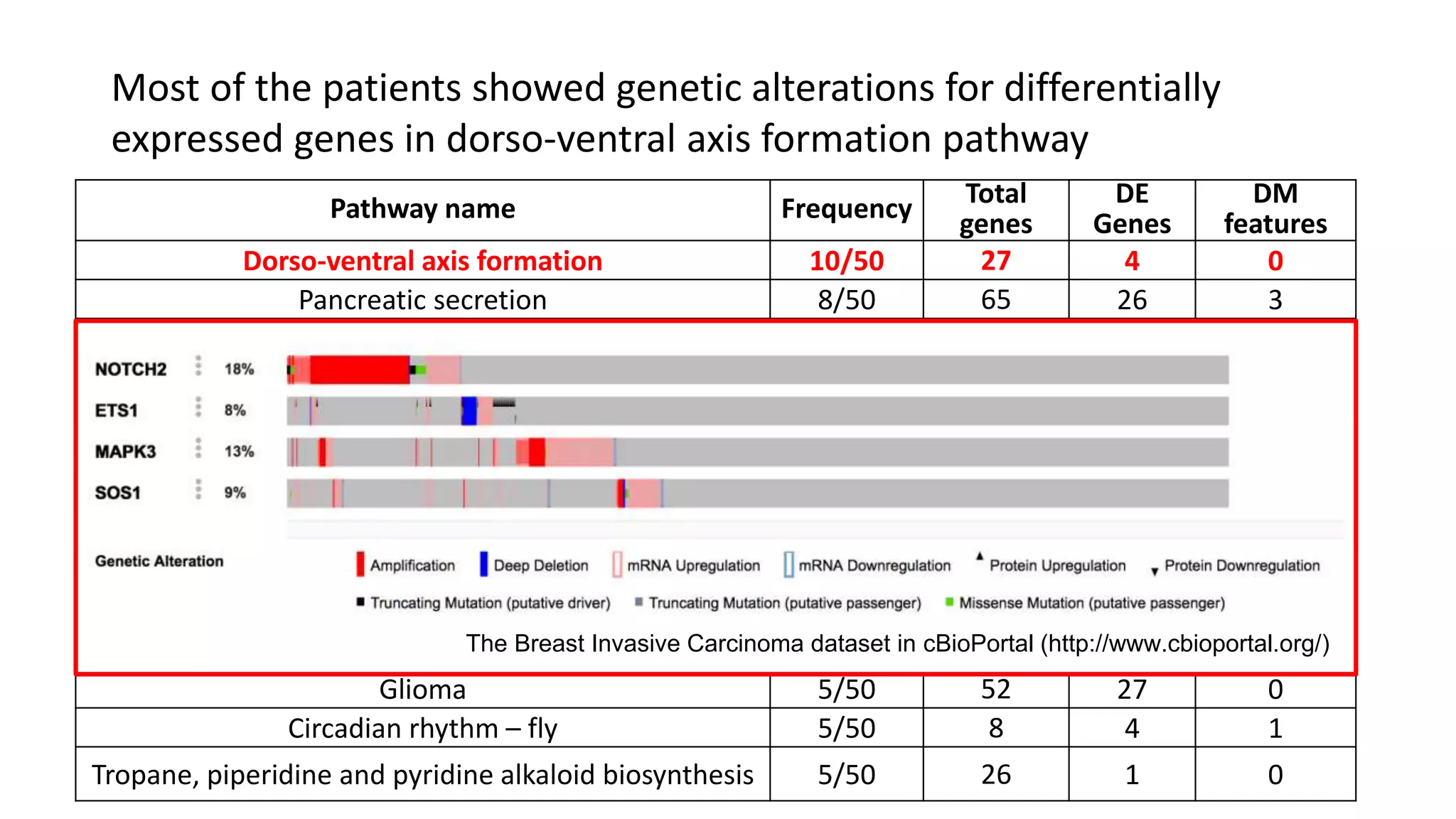 Pathway name Frequency Total
genes
DE
Genes
DM
features
Dorso-ventral axis formation 10/50 27 4 0
Pancreatic secretion 8/50 65 26 3
Neurotrophin signaling pathway 7/50 90 47 3
Prion diseases 7/50 30 12 0
One carbon pool by folate 5/50 33 6 1
alpha-Linolenic acid metabolism 5/50 23 8 1
Pyruvate metabolism 5/50 96 7 1
PPAR signaling pathway 5/50 61 13 1
T cell receptor signaling pathway 5/50 85 52 8
Focal adhesion 5/50 148 83 11
Ribosome 5/50 143 1 0
Glioma 5/50 52 27 0
Circadian rhythm – fly 5/50 8 4 1
Tropane, piperidine and pyridine alkaloid biosynthesis 5/50 26 1 0
Most of the patients showed genetic alterations for differentially
expressed genes in dorso-ventral axis formation pathway
The Breast Invasive Carcinoma dataset in cBioPortal (http://www.cbioportal.org/)
 