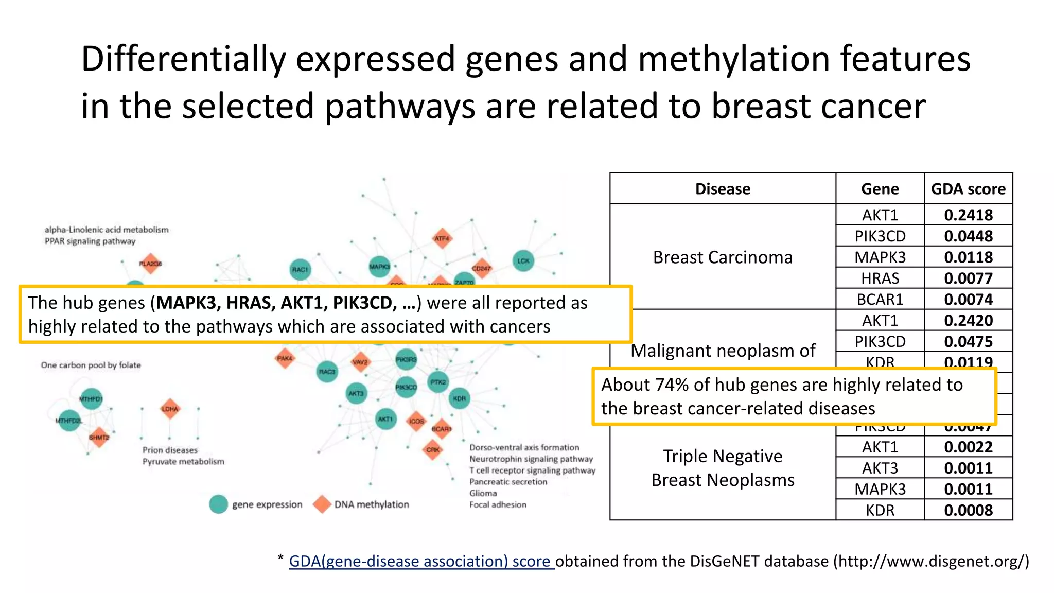 Differentially expressed genes and methylation features
in the selected pathways are related to breast cancer
Disease Gene GDA score
Breast Carcinoma
AKT1 0.2418
PIK3CD 0.0448
MAPK3 0.0118
HRAS 0.0077
BCAR1 0.0074
Malignant neoplasm of
breast
AKT1 0.2420
PIK3CD 0.0475
KDR 0.0119
MAPK3 0.0110
PAK1 0.0095
Triple Negative
Breast Neoplasms
PIK3CD 0.0047
AKT1 0.0022
AKT3 0.0011
MAPK3 0.0011
KDR 0.0008
* GDA(gene-disease association) score obtained from the DisGeNET database (http://www.disgenet.org/)
The hub genes (MAPK3, HRAS, AKT1, PIK3CD, …) were all reported as
highly related to the pathways which are associated with cancers
About 74% of hub genes are highly related to
the breast cancer-related diseases
 