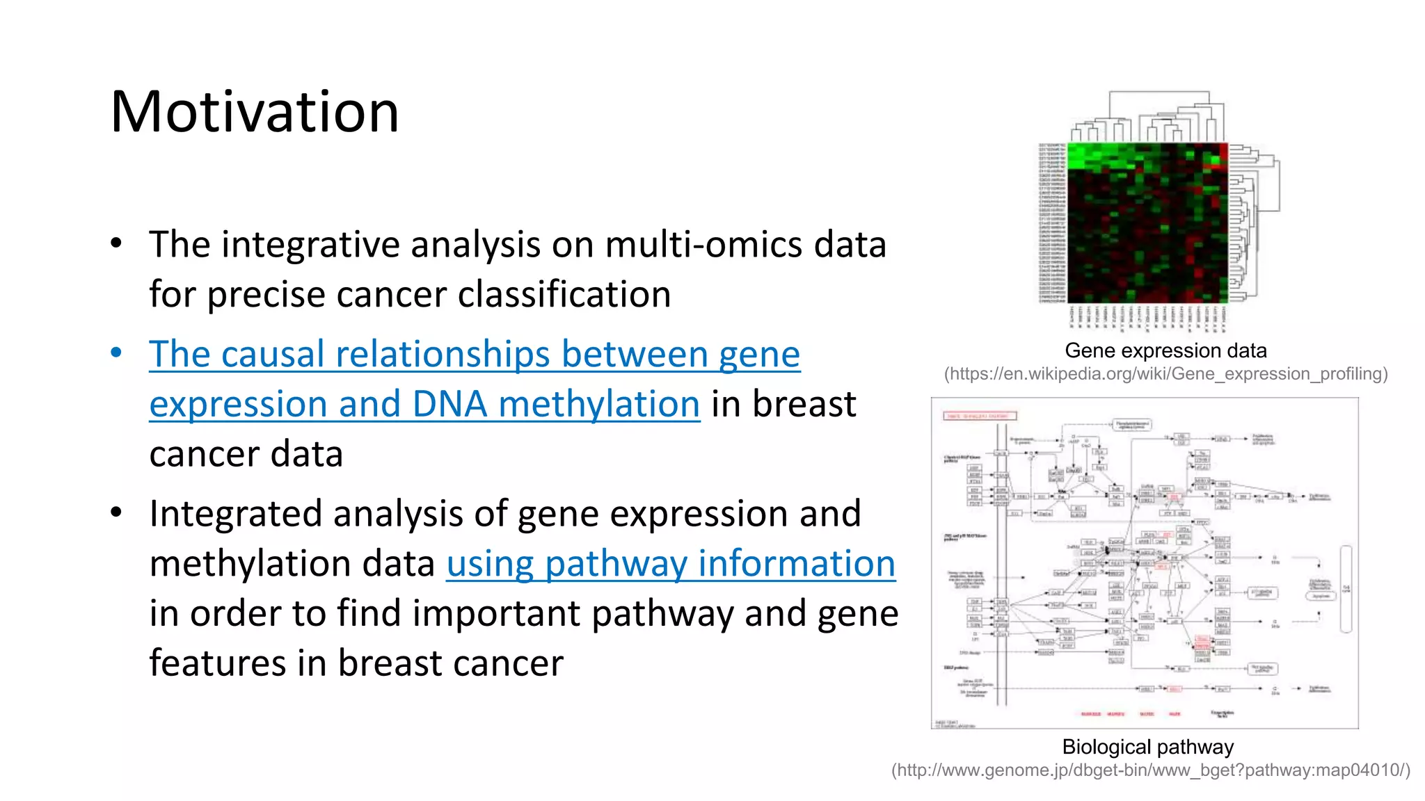 Motivation
• The integrative analysis on multi-omics data
for precise cancer classification
• The causal relationships between gene
expression and DNA methylation in breast
cancer data
• Integrated analysis of gene expression and
methylation data using pathway information
in order to find important pathway and gene
features in breast cancer
Biological pathway
(http://www.genome.jp/dbget-bin/www_bget?pathway:map04010/)
Gene expression data
(https://en.wikipedia.org/wiki/Gene_expression_profiling)
 