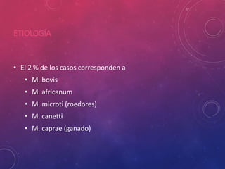 ETIOLOGÍA
• El 2 % de los casos corresponden a
• M. bovis
• M. africanum
• M. microti (roedores)
• M. canetti
• M. caprae (ganado)
 