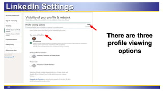 105
LinkedIn Settings
There are three
profile viewing
options
 
