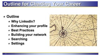 3
Outline for Charting Your Career
Outline
Why LinkedIn?
Enhancing your profile
Best Practices
Building your network
Searching
Settings
 