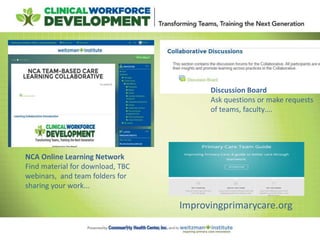 NCA Online Learning Network
Find material for download, TBC
webinars, and team folders for
sharing your work...
Improvingprimarycare.org
Discussion Board
Ask questions or make requests
of teams, faculty….
 