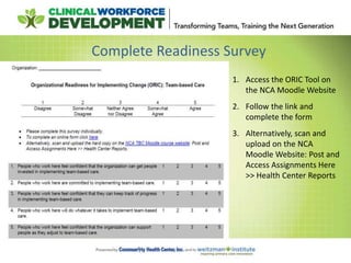 Complete Readiness Survey
1. Access the ORIC Tool on
the NCA Moodle Website
2. Follow the link and
complete the form
3. Alternatively, scan and
upload on the NCA
Moodle Website: Post and
Access Assignments Here
>> Health Center Reports
 